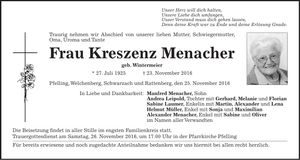 Traueranzeige Kreszenz Menacher