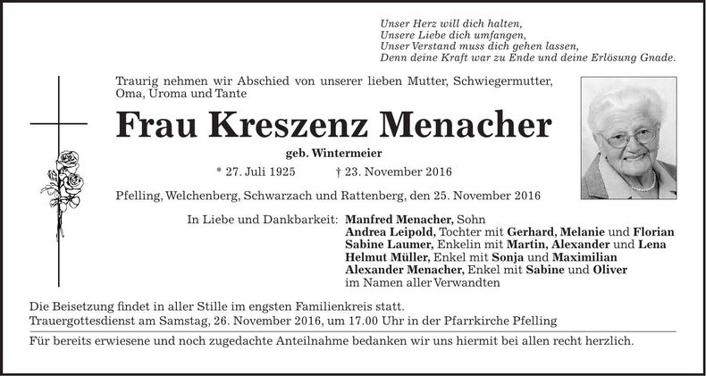 Traueranzeige Kreszenz Menacher