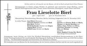 Traueranzeige Lieselotte Bierl