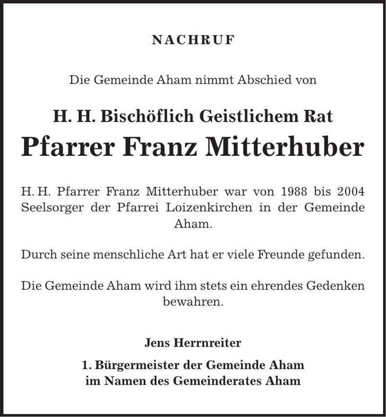 Traueranzeige Franz Mitterhuber