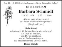 Traueranzeige Barbara Schmidt