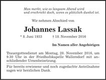 Traueranzeige Johannes Lassak