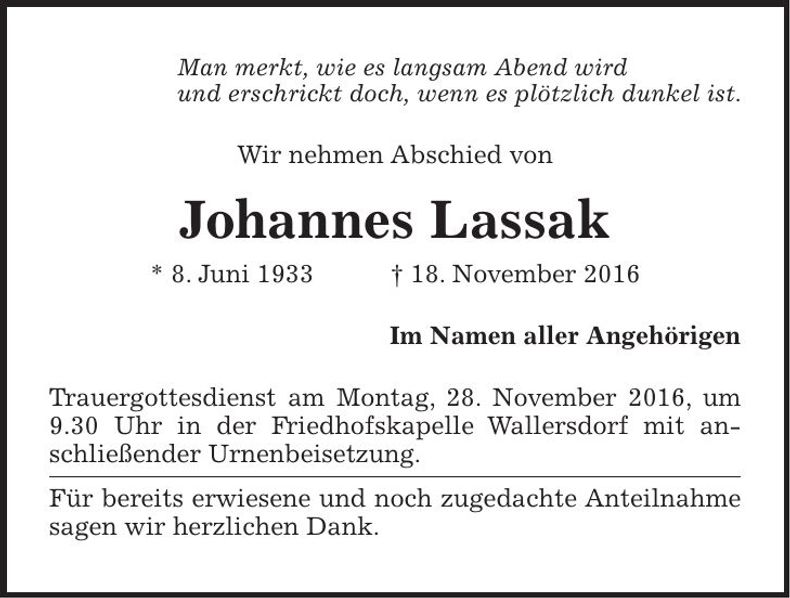 Traueranzeige Johannes Lassak