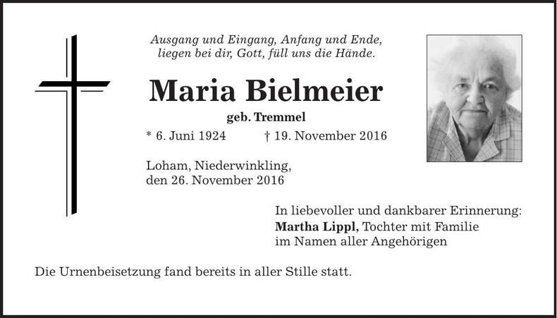 Traueranzeige Maria Bielmeier