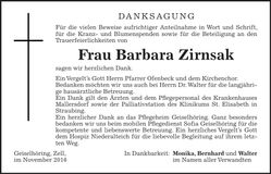 Traueranzeige Barbara Zirnsak