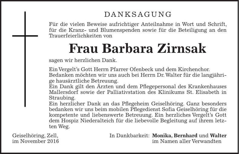 Traueranzeige Barbara Zirnsak