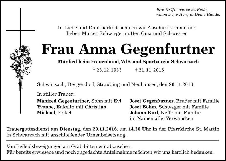 Traueranzeige Anna Gegenfurtner