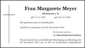 Traueranzeige Margarete Meyer