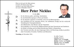 Traueranzeige Peter Nicklas