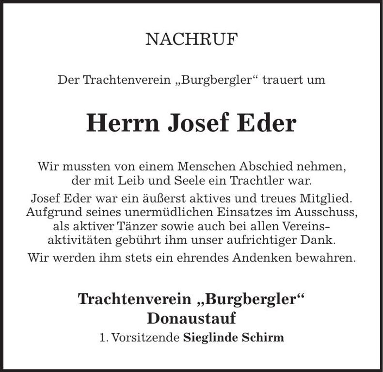 Traueranzeige Josef Eder