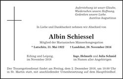 Traueranzeige Albin Schiessel