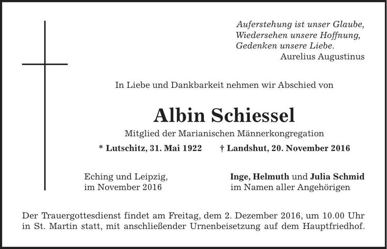 Traueranzeige Albin Schiessel