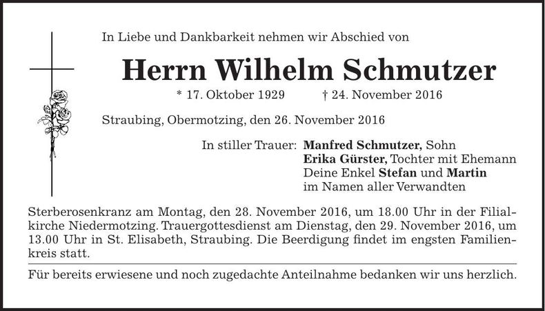 Traueranzeige Wilhelm Schmutzer