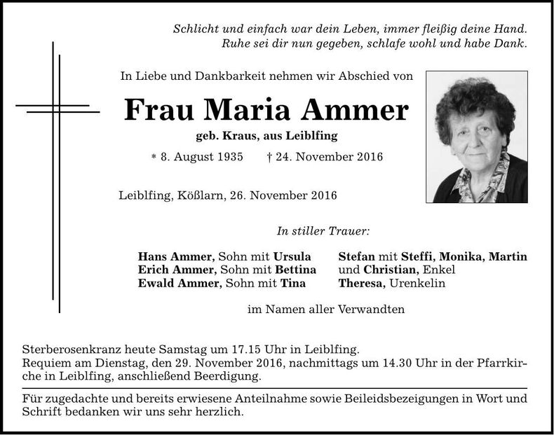Traueranzeige Maria Ammer