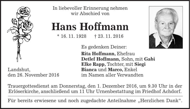 Traueranzeige Hans Hoffmann