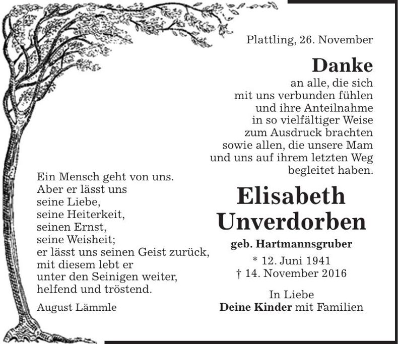 Traueranzeige Elisabeth Unverdorben