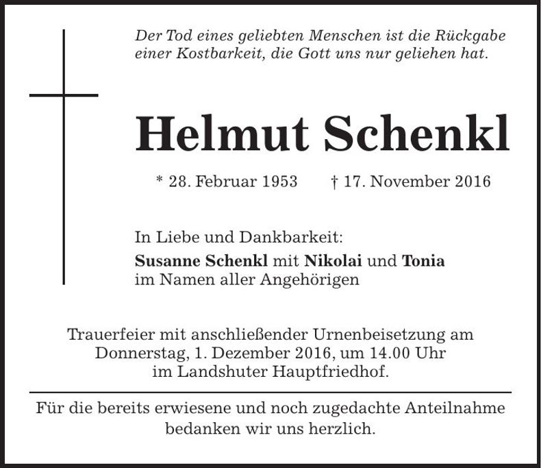 Traueranzeige Helmut Schenkl