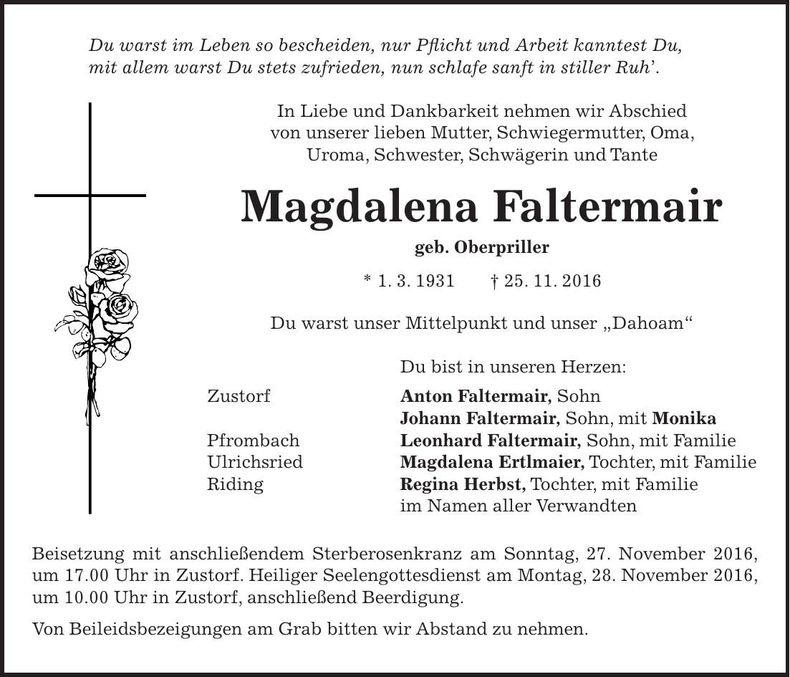 Traueranzeige Magdalena Faltermair