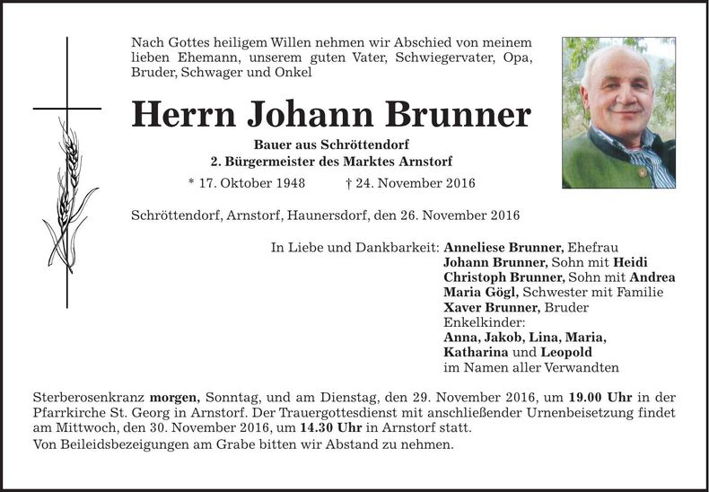 Traueranzeige Johann Brunner