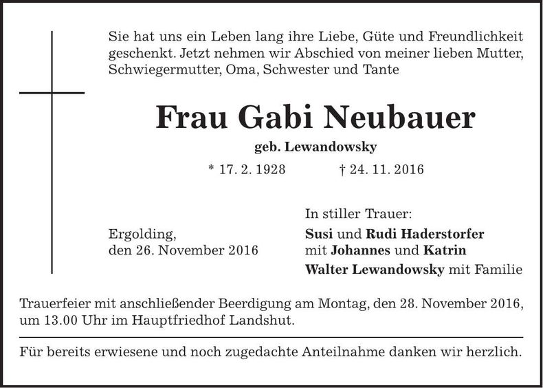 Traueranzeige Gabi Neubauer