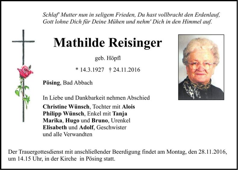 Traueranzeige Mathilde Reisinger