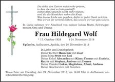 Traueranzeige Hildegard Wolf