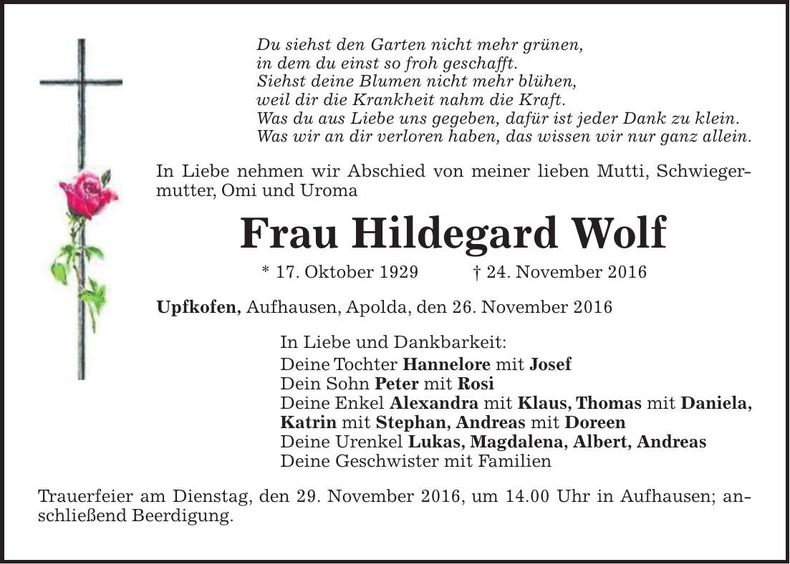 Traueranzeige Hildegard Wolf