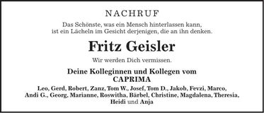 Traueranzeige Fritz Geisler