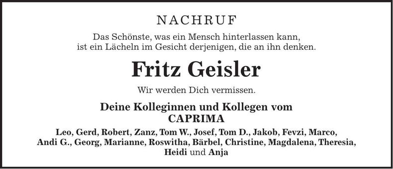 Traueranzeige Fritz Geisler