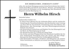 Traueranzeige Wilhelm Hirsch
