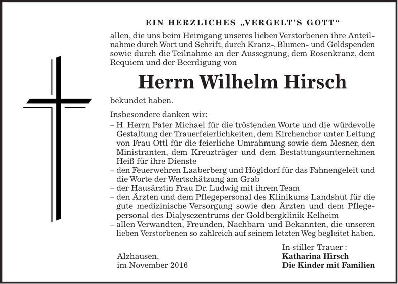 Traueranzeige Wilhelm Hirsch