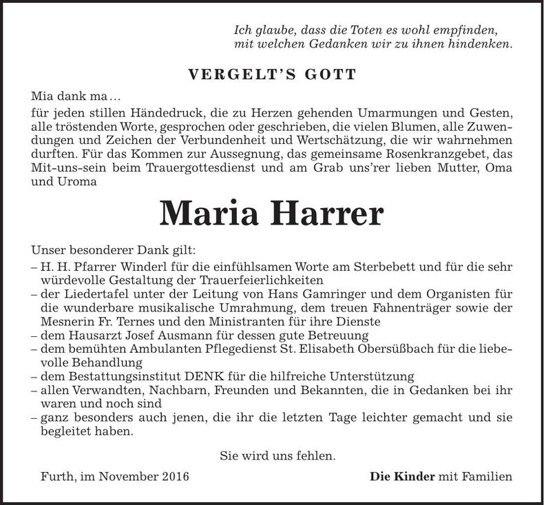 Traueranzeige Maria Harrer