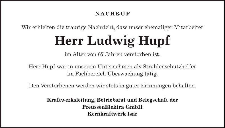 Traueranzeige Ludwig Hupf