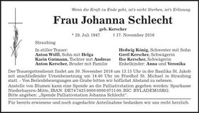 Traueranzeige Johanna Schlecht