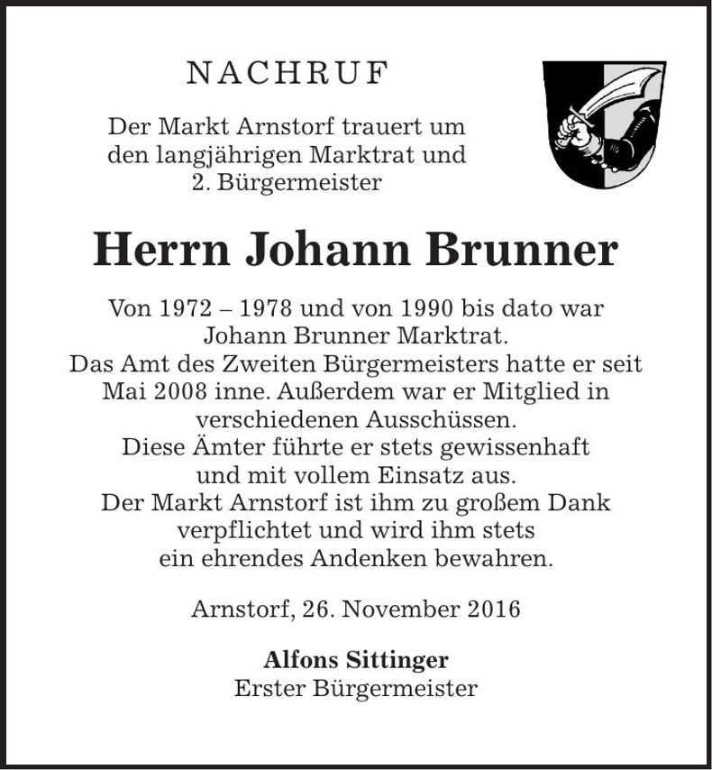 Traueranzeige Johann Brunner