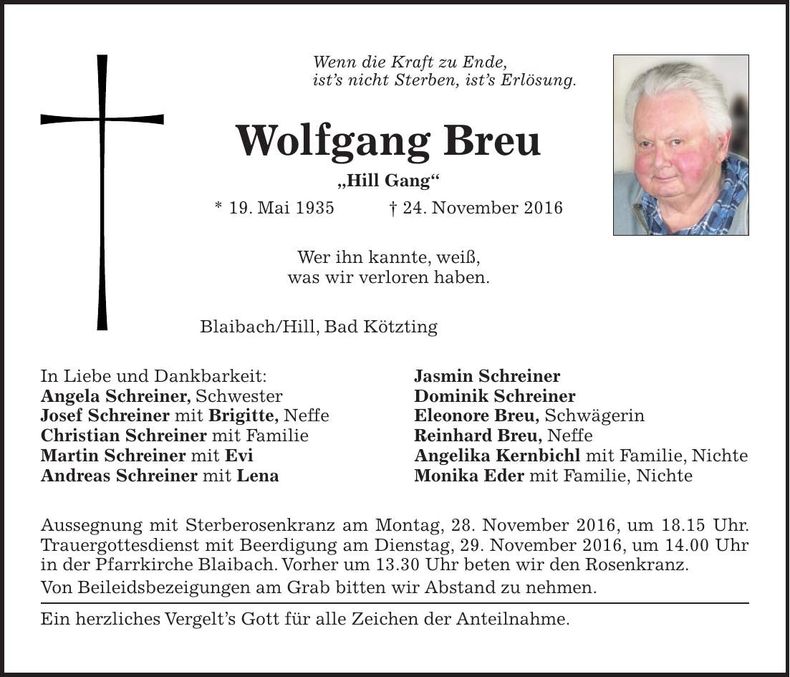 Traueranzeige Wolfgang Breu