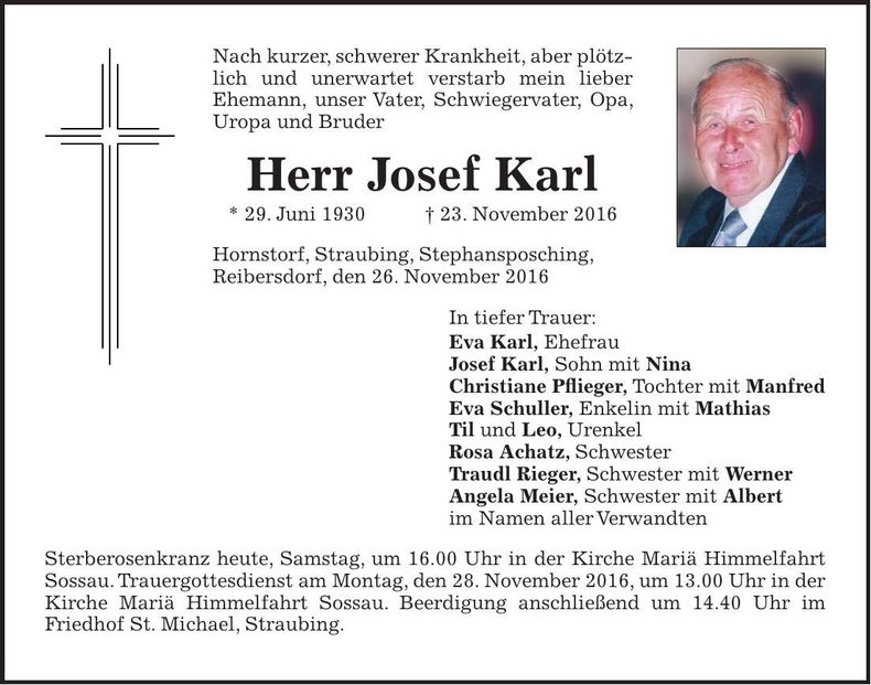 Traueranzeige Josef Karl