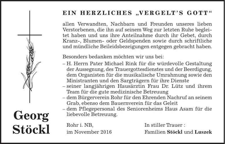 Traueranzeige Georg Stöckl