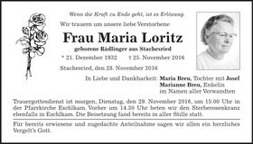 Traueranzeige Maria Loritz