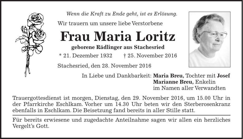 Traueranzeige Maria Loritz