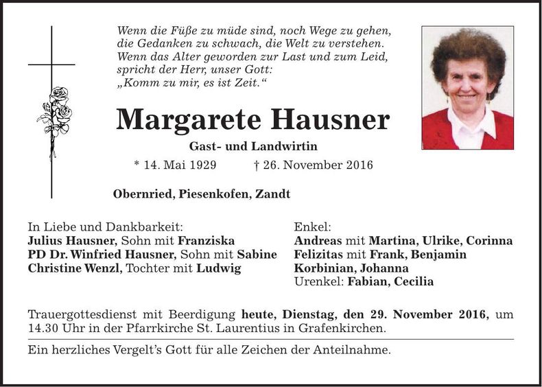 Traueranzeige Margarete Hausner