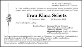Traueranzeige Klara Schötz