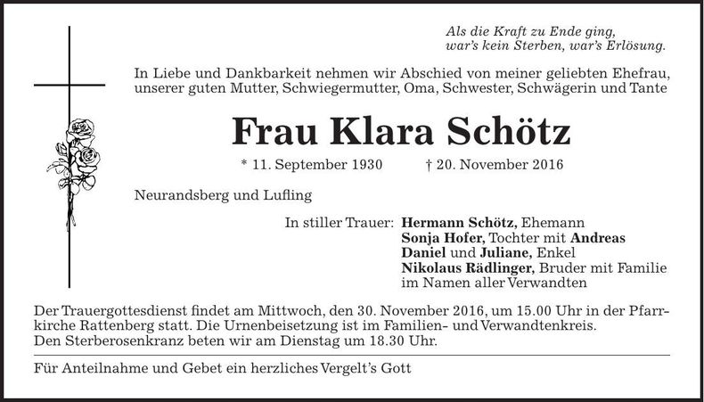 Traueranzeige Klara Schötz