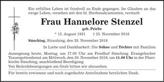 Traueranzeige Hannelore Stenzel