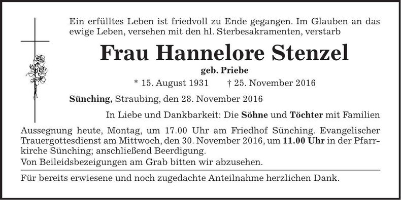Traueranzeige Hannelore Stenzel