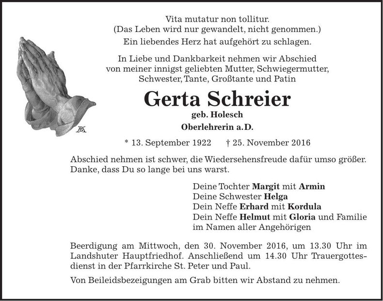 Traueranzeige Gerta Schreier