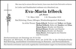 Traueranzeige Eva-Maria Irlbeck