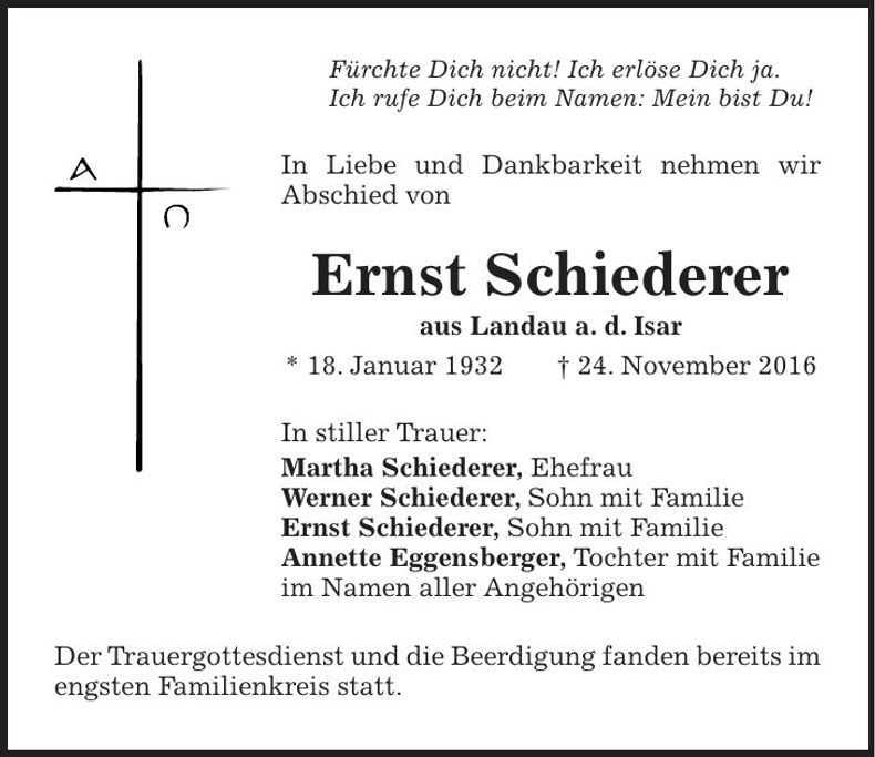 Traueranzeige Ernst Schiederer
