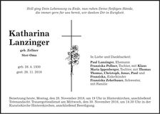 Traueranzeige Katharina Lanzinger