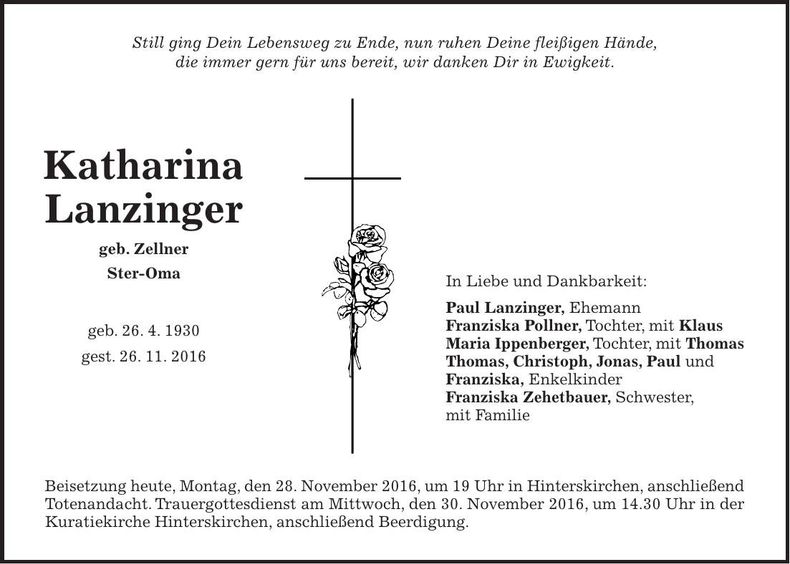 Traueranzeige Katharina Lanzinger